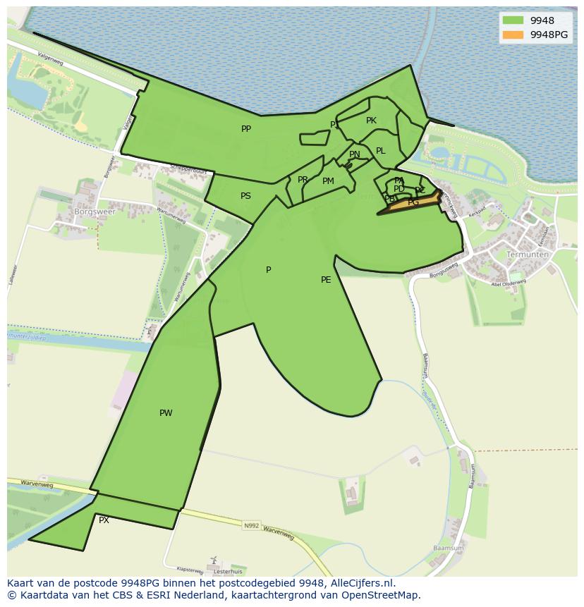 Afbeelding van het postcodegebied 9948 PG op de kaart.