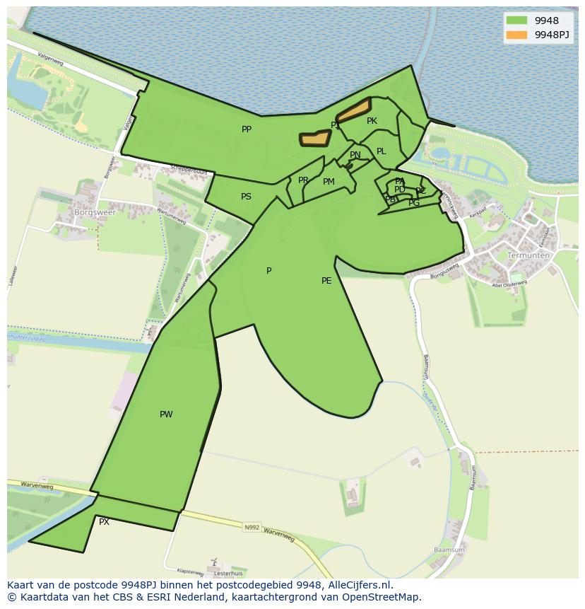 Afbeelding van het postcodegebied 9948 PJ op de kaart.