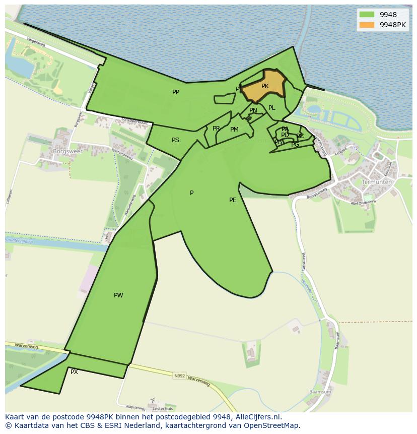 Afbeelding van het postcodegebied 9948 PK op de kaart.