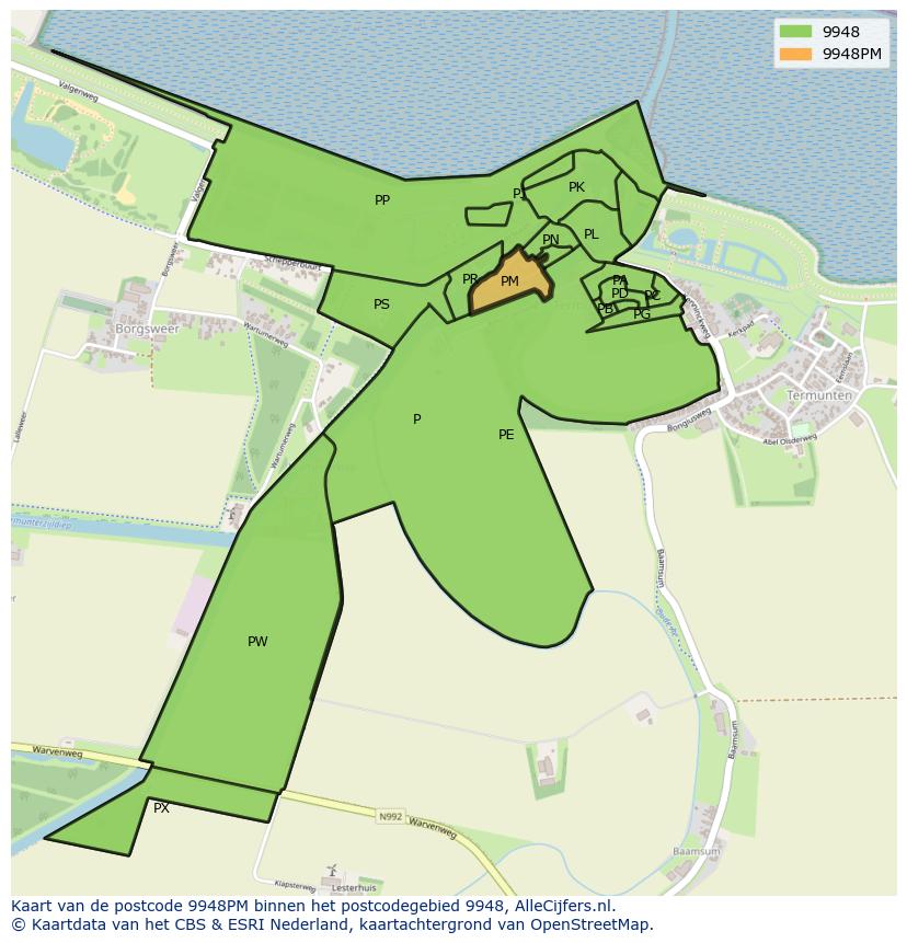 Afbeelding van het postcodegebied 9948 PM op de kaart.