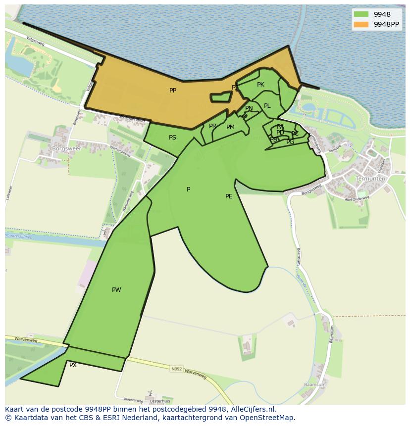 Afbeelding van het postcodegebied 9948 PP op de kaart.