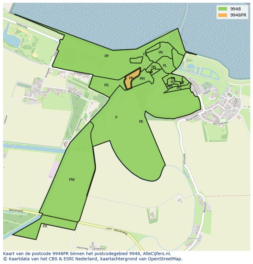 Afbeelding van het postcodegebied 9948 PR op de kaart.