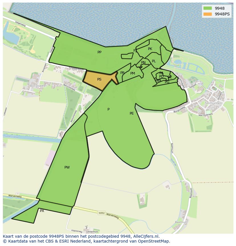 Afbeelding van het postcodegebied 9948 PS op de kaart.