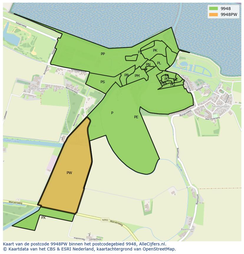 Afbeelding van het postcodegebied 9948 PW op de kaart.