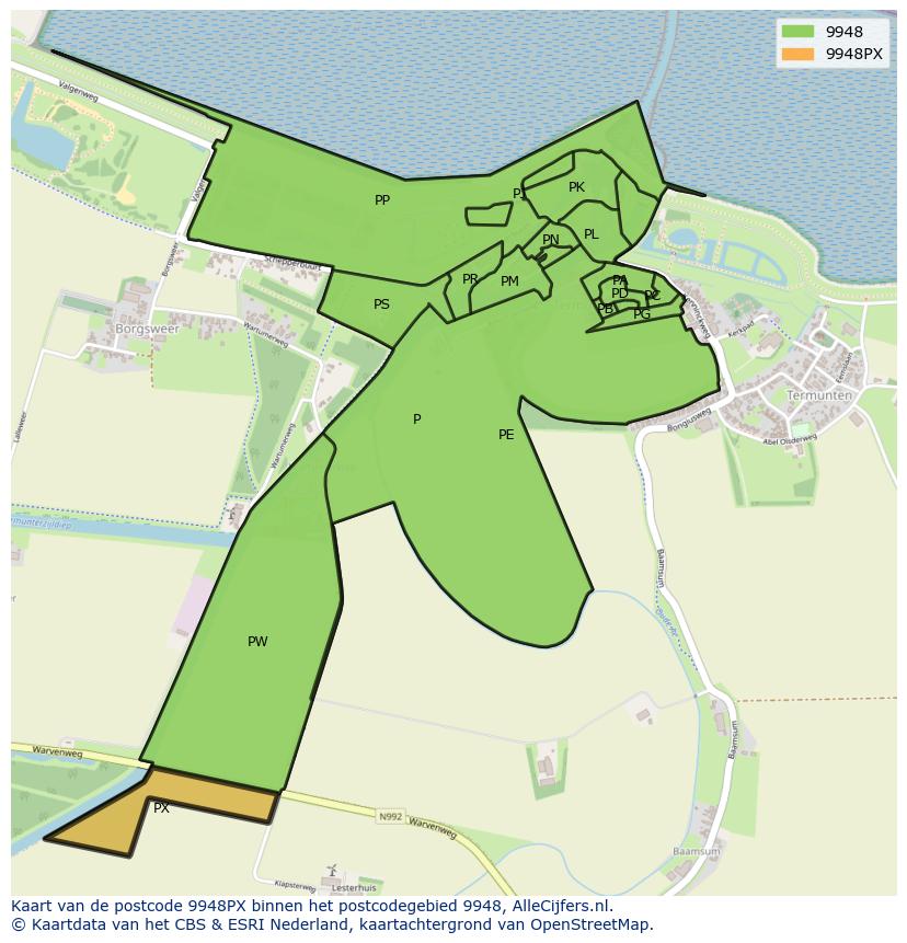 Afbeelding van het postcodegebied 9948 PX op de kaart.