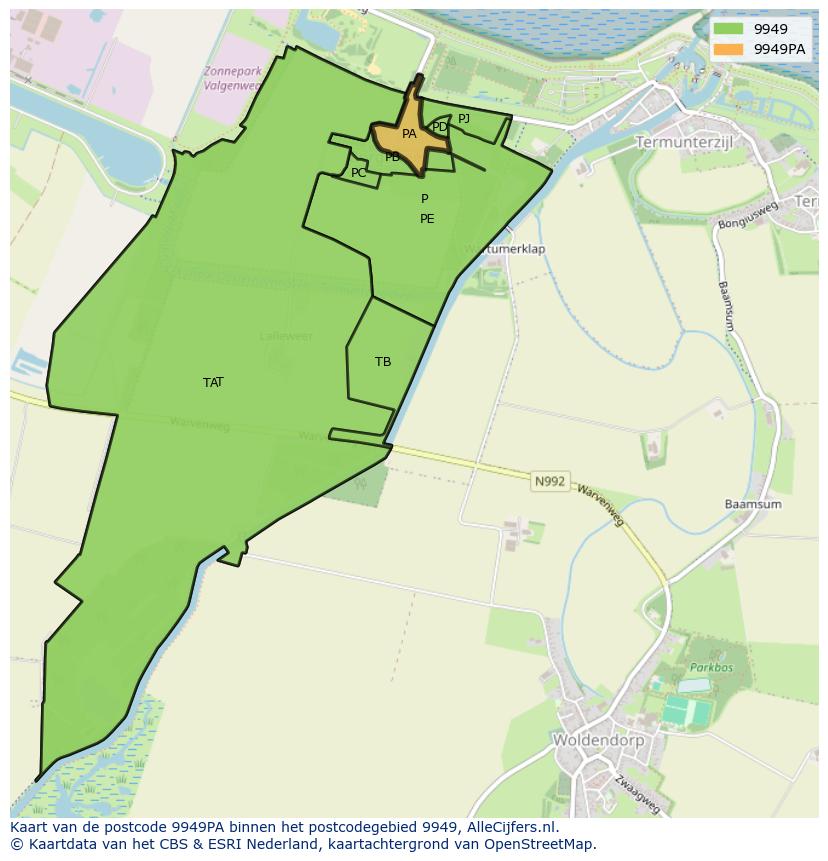 Afbeelding van het postcodegebied 9949 PA op de kaart.
