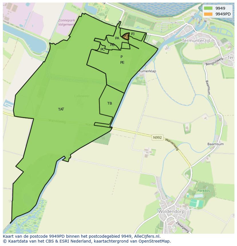 Afbeelding van het postcodegebied 9949 PD op de kaart.