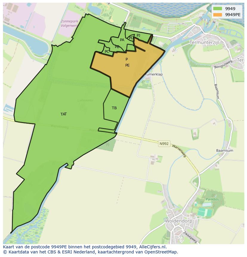 Afbeelding van het postcodegebied 9949 PE op de kaart.
