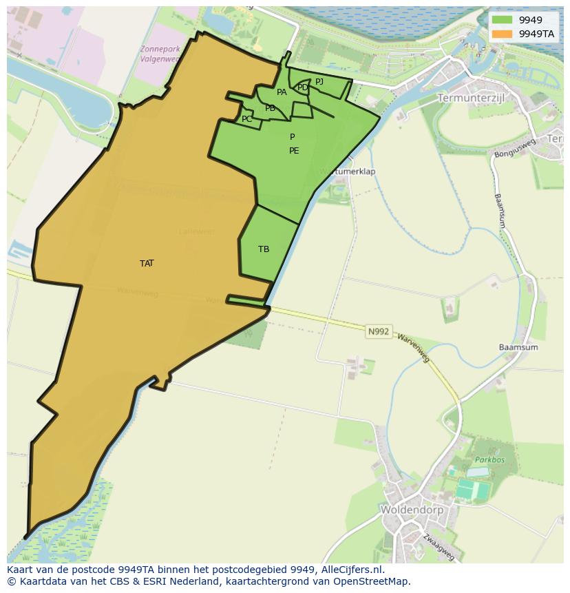 Afbeelding van het postcodegebied 9949 TA op de kaart.