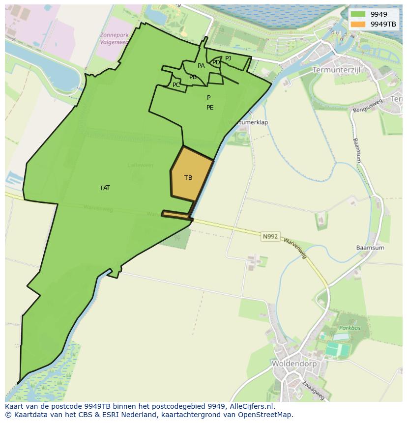 Afbeelding van het postcodegebied 9949 TB op de kaart.