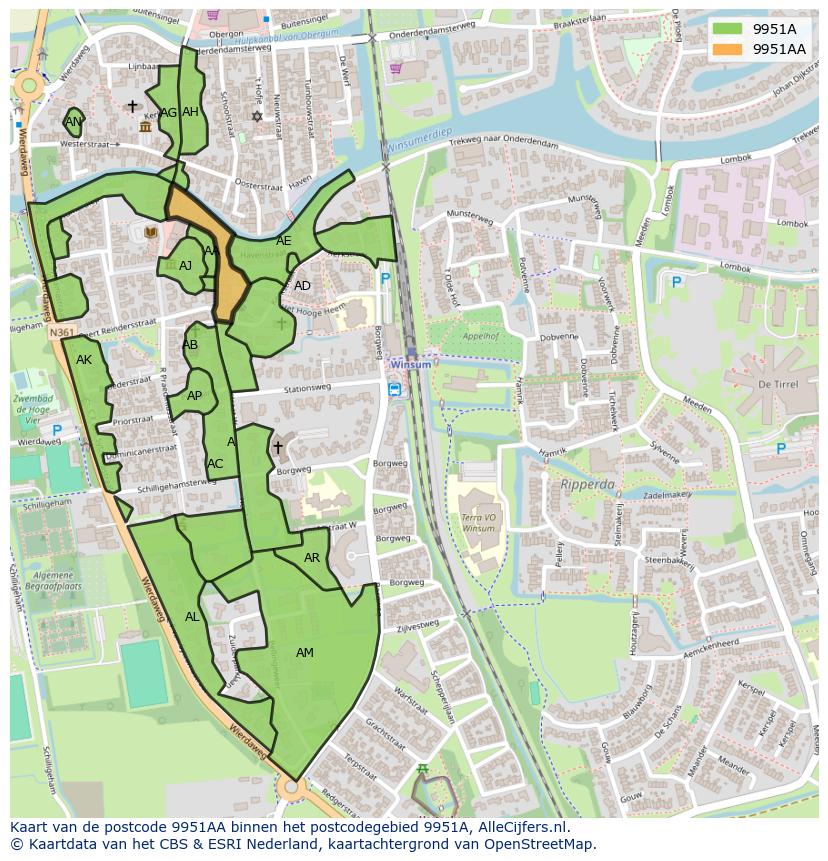 Afbeelding van het postcodegebied 9951 AA op de kaart.