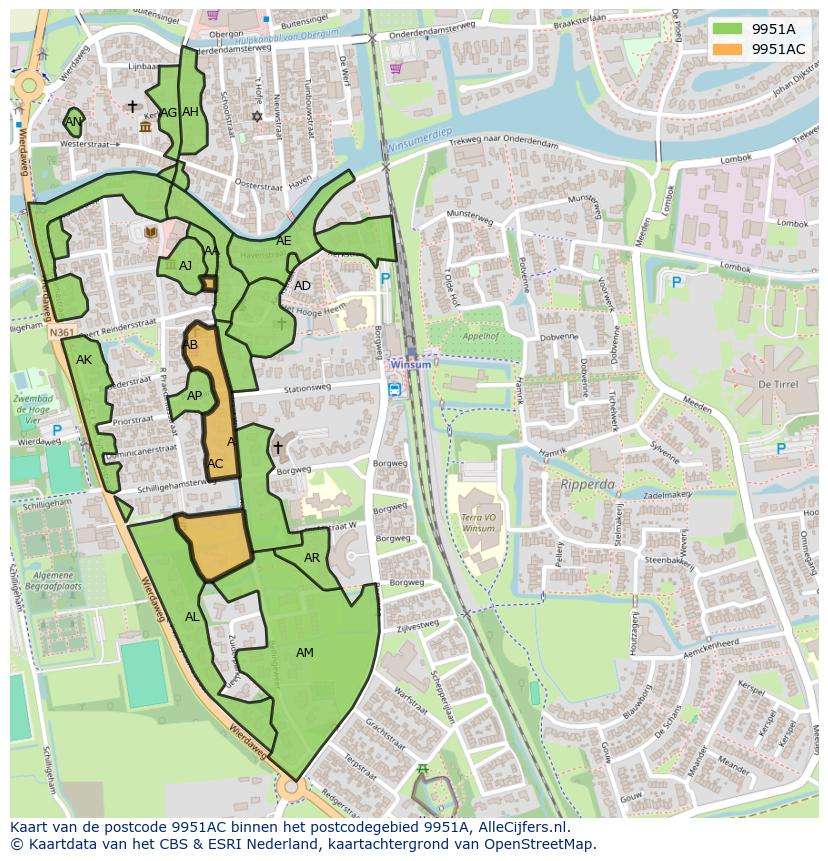 Afbeelding van het postcodegebied 9951 AC op de kaart.