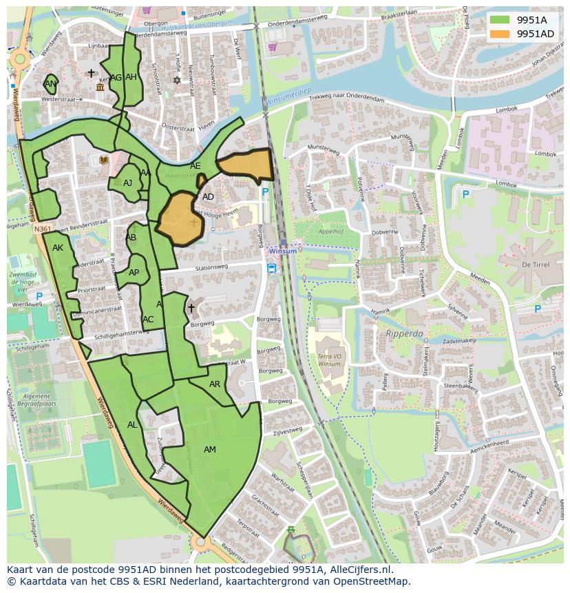 Afbeelding van het postcodegebied 9951 AD op de kaart.