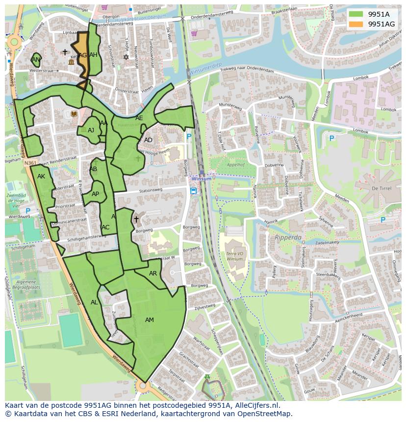 Afbeelding van het postcodegebied 9951 AG op de kaart.