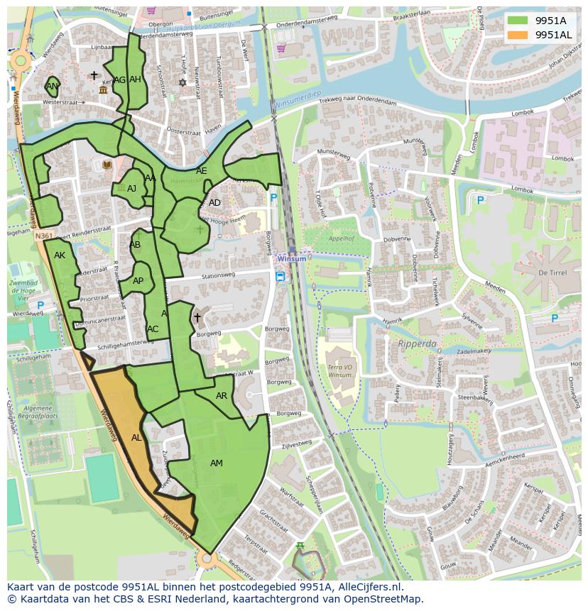 Afbeelding van het postcodegebied 9951 AL op de kaart.