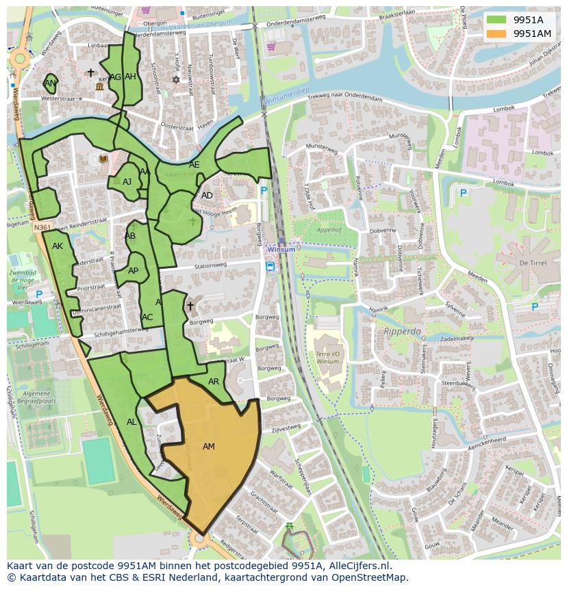 Afbeelding van het postcodegebied 9951 AM op de kaart.
