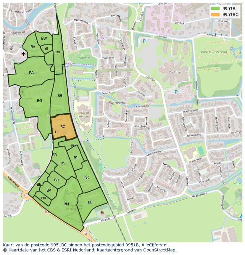 Afbeelding van het postcodegebied 9951 BC op de kaart.