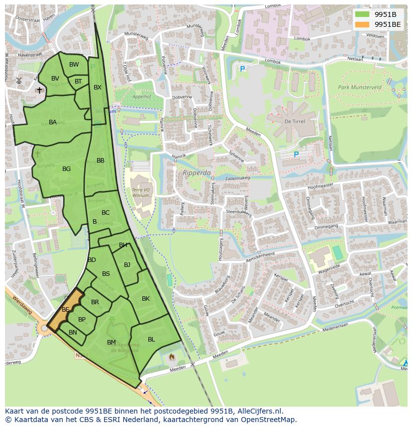 Afbeelding van het postcodegebied 9951 BE op de kaart.