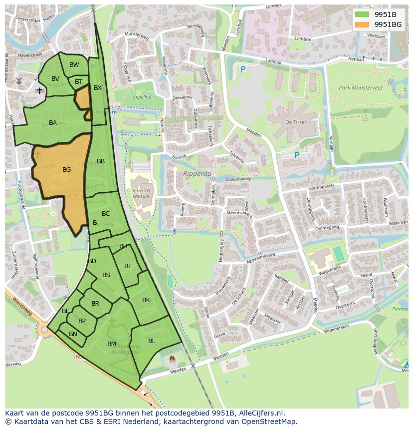 Afbeelding van het postcodegebied 9951 BG op de kaart.