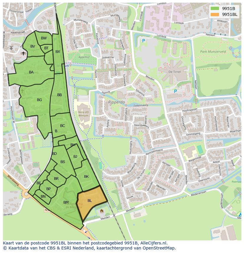 Afbeelding van het postcodegebied 9951 BL op de kaart.