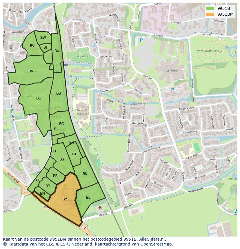 Afbeelding van het postcodegebied 9951 BM op de kaart.