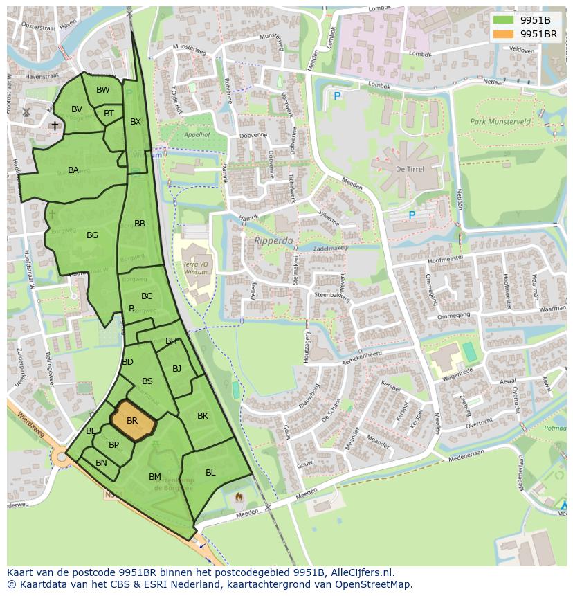 Afbeelding van het postcodegebied 9951 BR op de kaart.