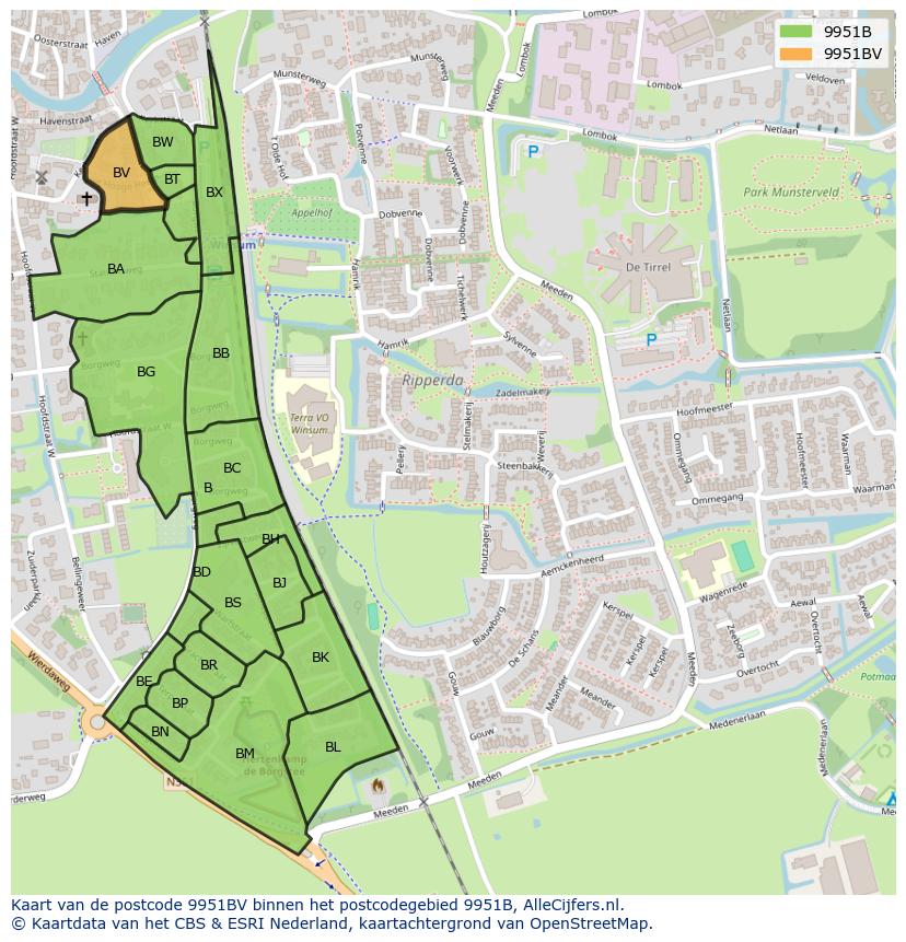 Afbeelding van het postcodegebied 9951 BV op de kaart.