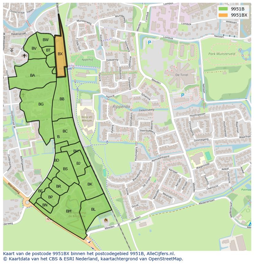 Afbeelding van het postcodegebied 9951 BX op de kaart.