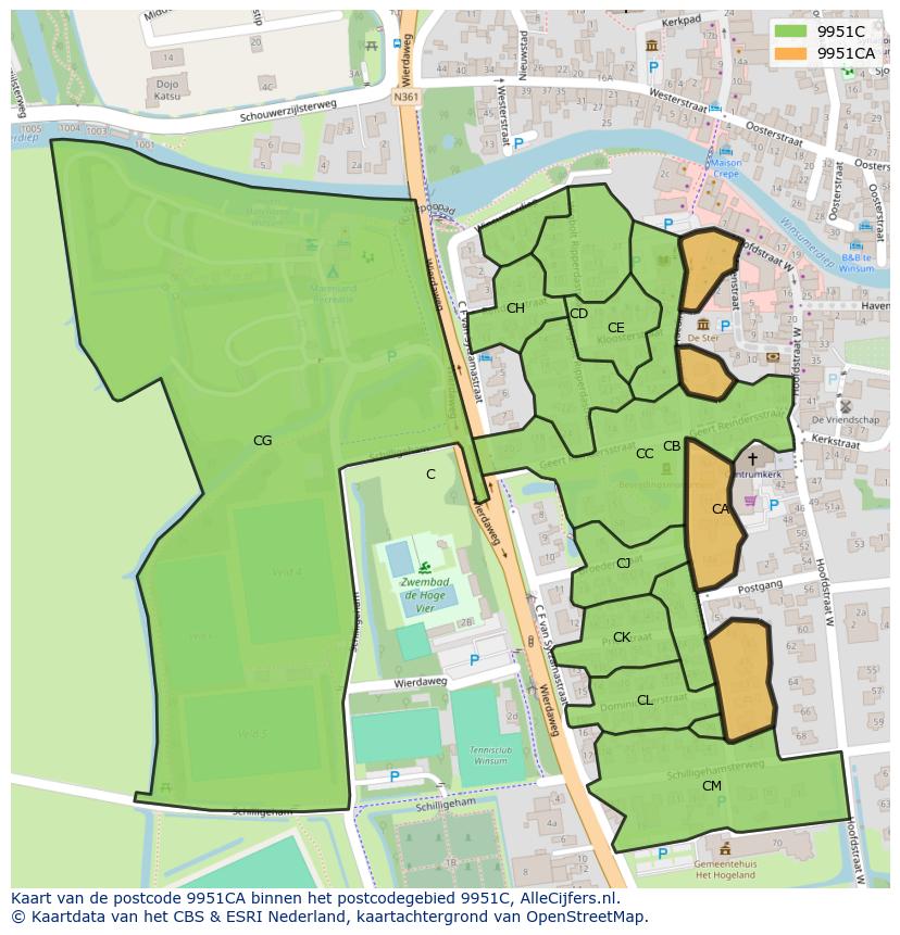 Afbeelding van het postcodegebied 9951 CA op de kaart.