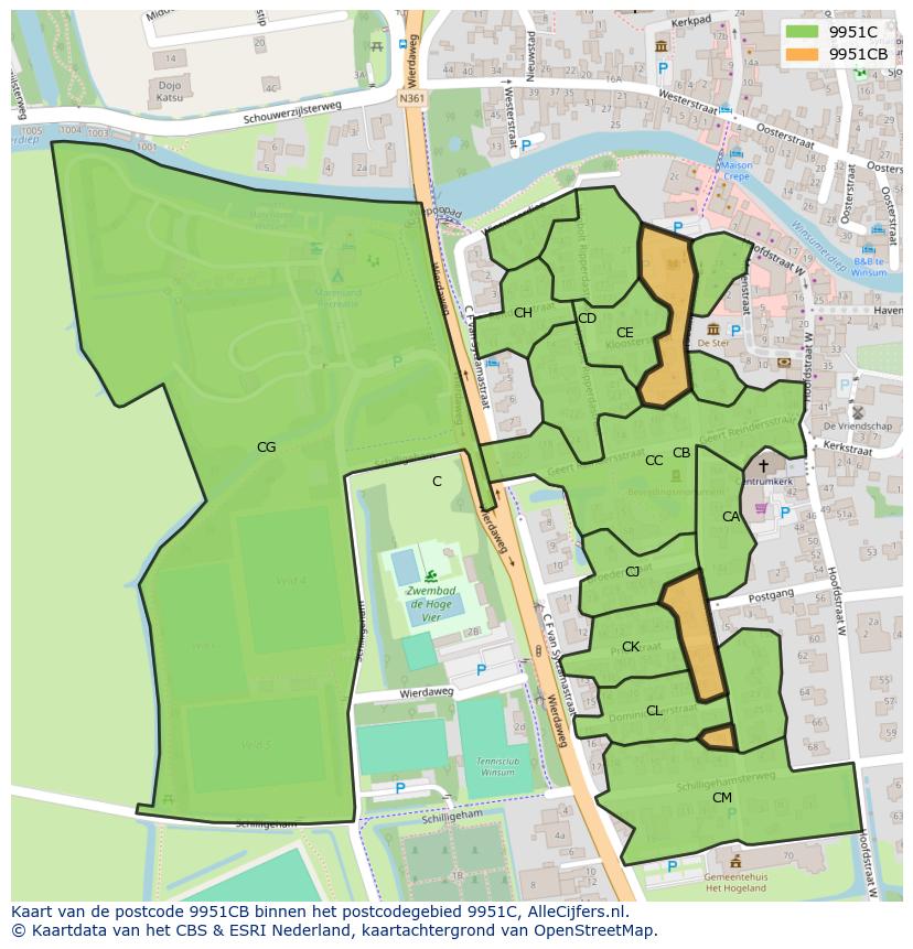 Afbeelding van het postcodegebied 9951 CB op de kaart.