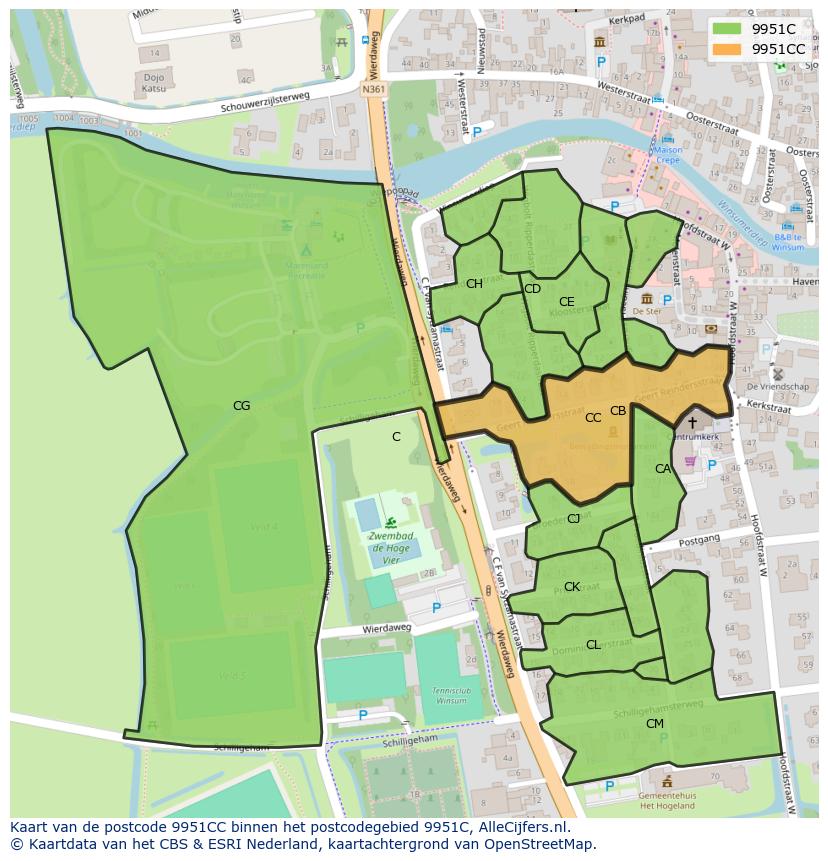 Afbeelding van het postcodegebied 9951 CC op de kaart.