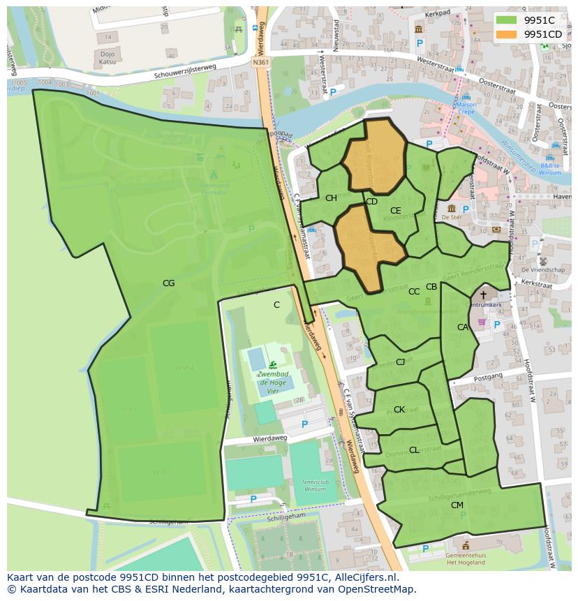 Afbeelding van het postcodegebied 9951 CD op de kaart.