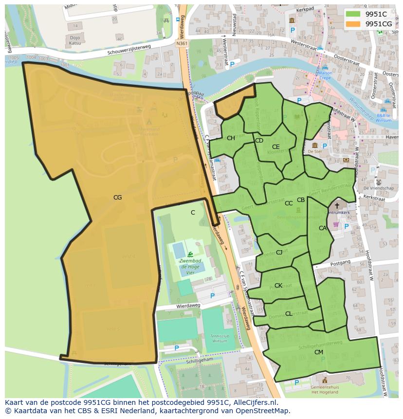 Afbeelding van het postcodegebied 9951 CG op de kaart.