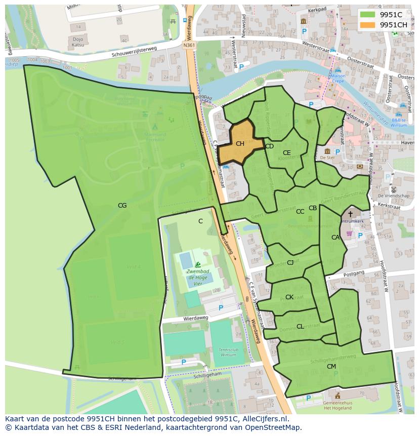 Afbeelding van het postcodegebied 9951 CH op de kaart.