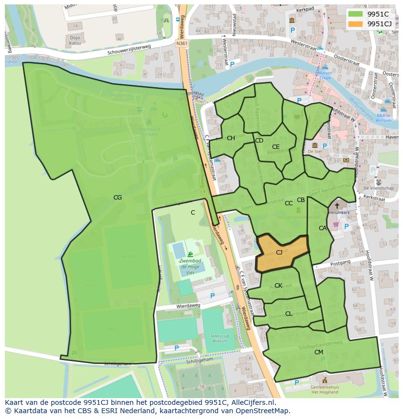 Afbeelding van het postcodegebied 9951 CJ op de kaart.