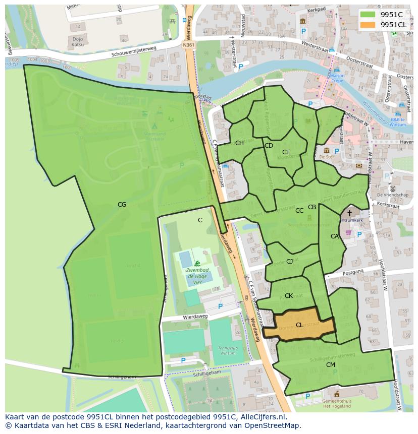 Afbeelding van het postcodegebied 9951 CL op de kaart.