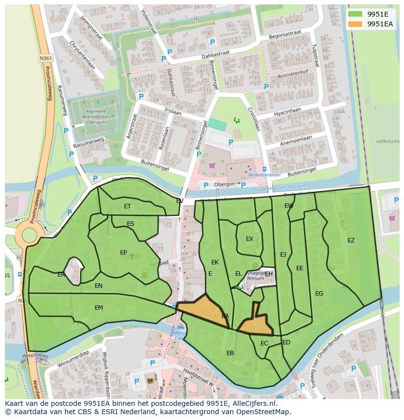 Afbeelding van het postcodegebied 9951 EA op de kaart.