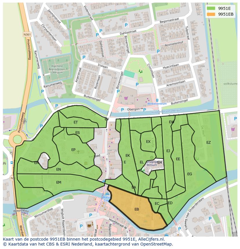 Afbeelding van het postcodegebied 9951 EB op de kaart.