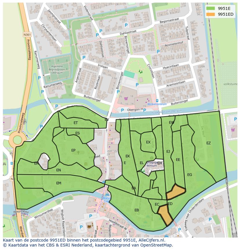 Afbeelding van het postcodegebied 9951 ED op de kaart.
