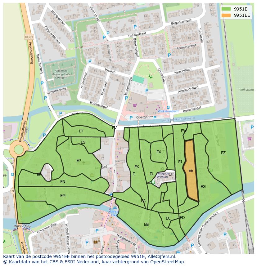 Afbeelding van het postcodegebied 9951 EE op de kaart.