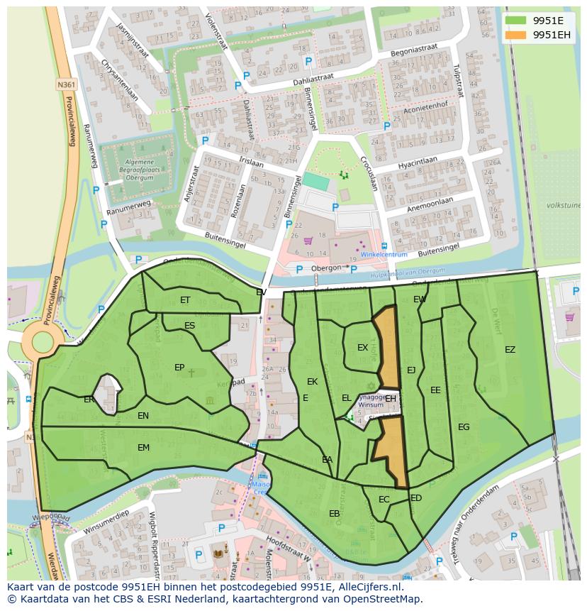 Afbeelding van het postcodegebied 9951 EH op de kaart.