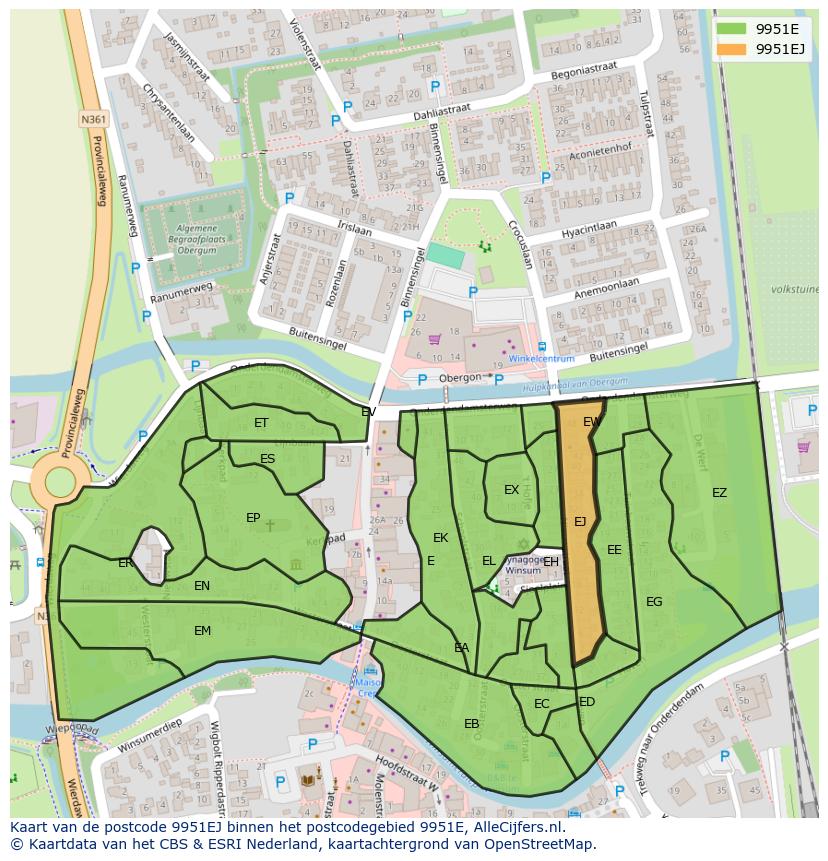 Afbeelding van het postcodegebied 9951 EJ op de kaart.