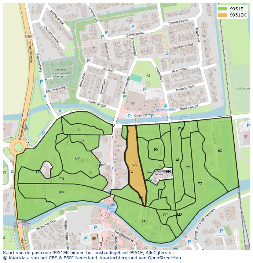 Afbeelding van het postcodegebied 9951 EK op de kaart.