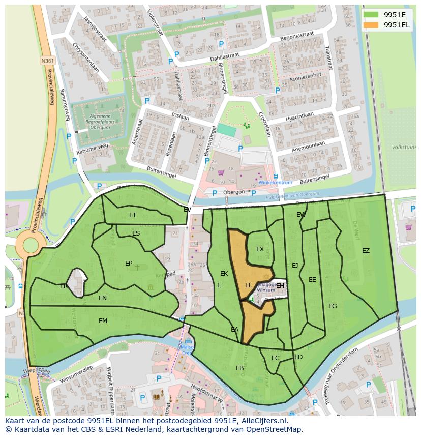 Afbeelding van het postcodegebied 9951 EL op de kaart.