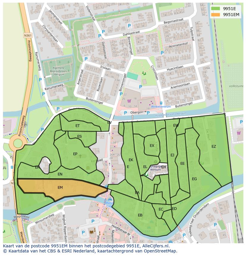 Afbeelding van het postcodegebied 9951 EM op de kaart.