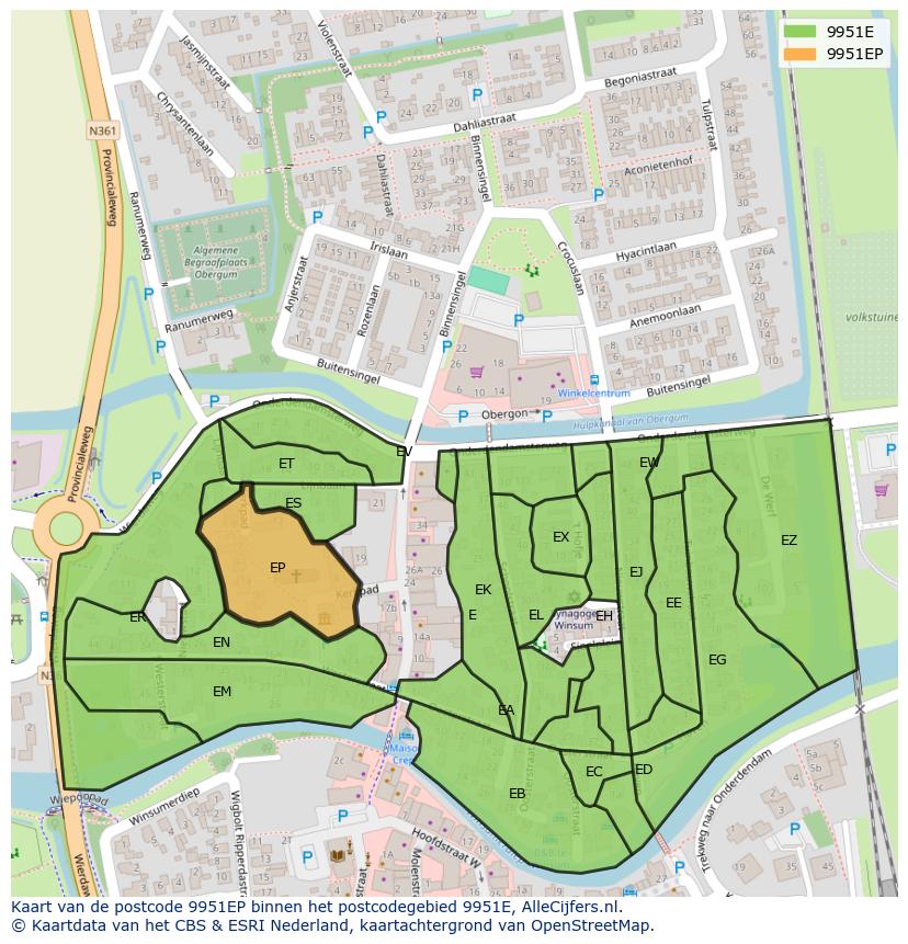 Afbeelding van het postcodegebied 9951 EP op de kaart.