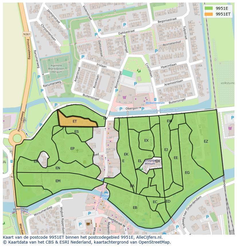 Afbeelding van het postcodegebied 9951 ET op de kaart.