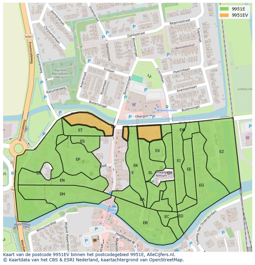 Afbeelding van het postcodegebied 9951 EV op de kaart.