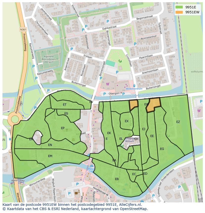 Afbeelding van het postcodegebied 9951 EW op de kaart.