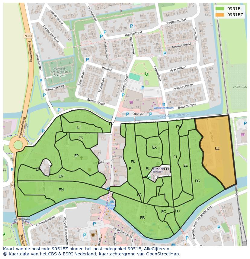 Afbeelding van het postcodegebied 9951 EZ op de kaart.